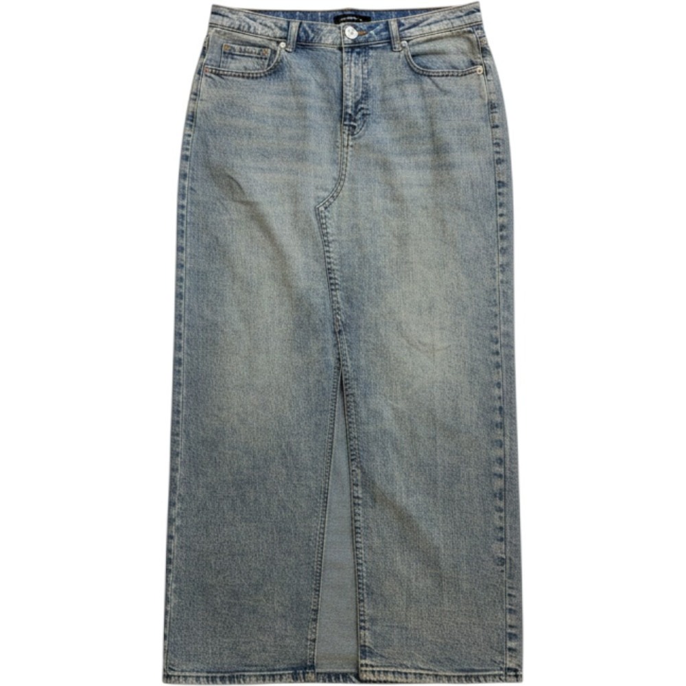 Wild Fable Acid Wash Denim Maxi Skirt High Slit Raw Hem Blue 10/R Indie Sleaze